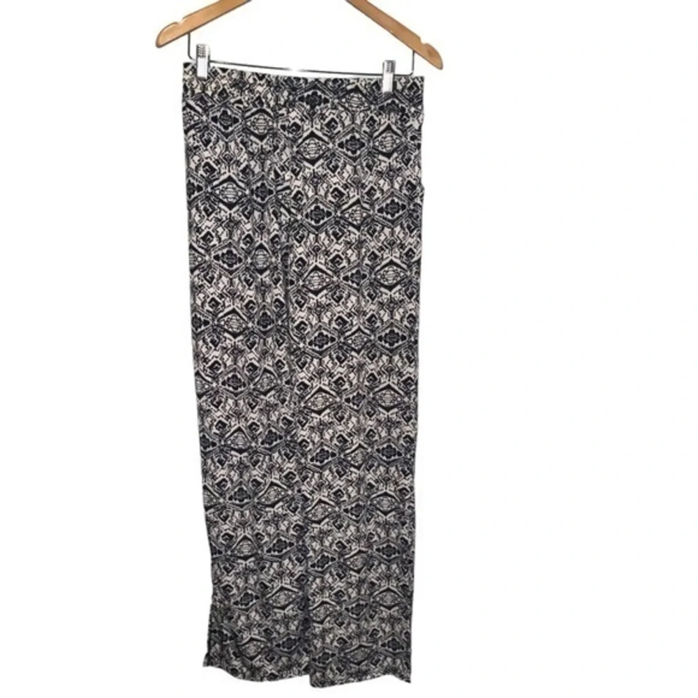 Navy Blue Geometric Diamond Print Wide Leg Pants Elastic Waist Pockets Boho #251